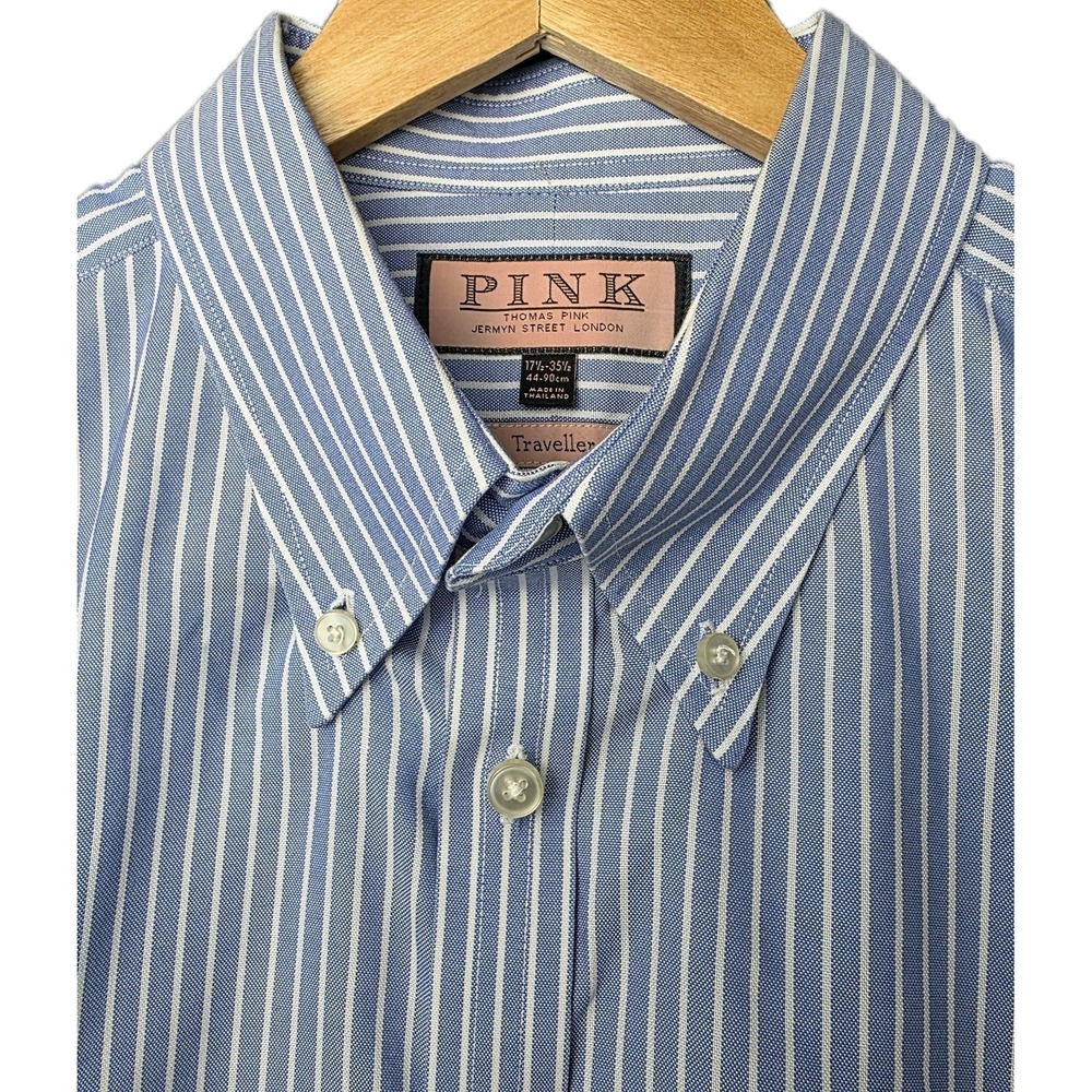 Thomas Pink Shirt Mens 17.5 35.5 Blue Stripe Button Up Traveller Cotton Dress